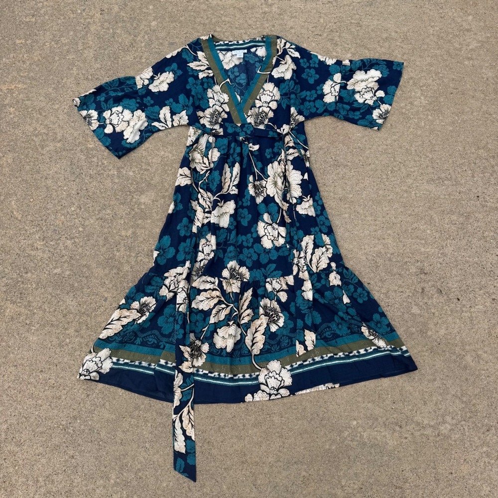 Sofia Jeans by Sofia Vergara Floral Faux Wrap Midi Dress Navy Teal Womens Medium - Picture 1 of 7